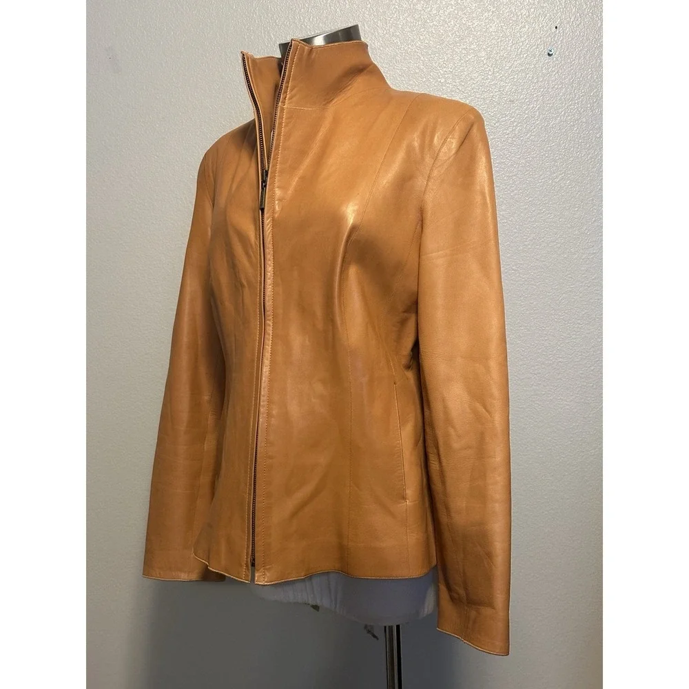 COLE HAAN 100%‎ Lambskin Leather Wing Collar Zip Jacket Camel Beige Women Sz 14